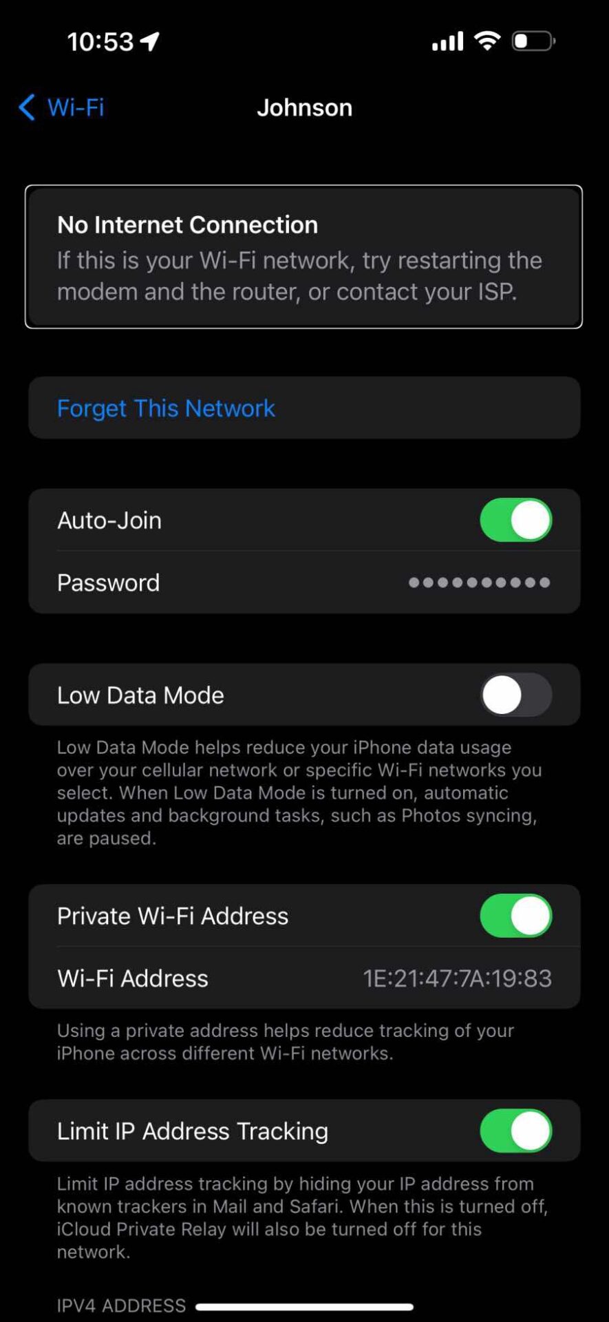 iPhone showing no Internet connection in Wi-Fi settings