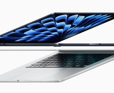 Two new MacBook Air devices are shown folded and angled from the side.
