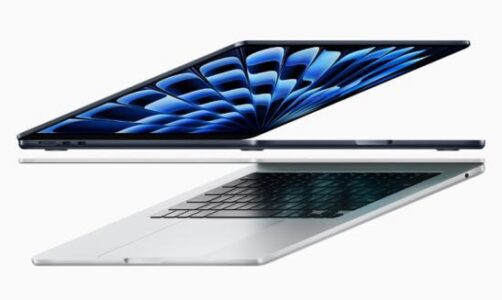 Two new MacBook Air devices are shown folded and angled from the side.