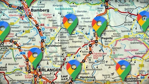 road map with google maps logos spread around in different locations  