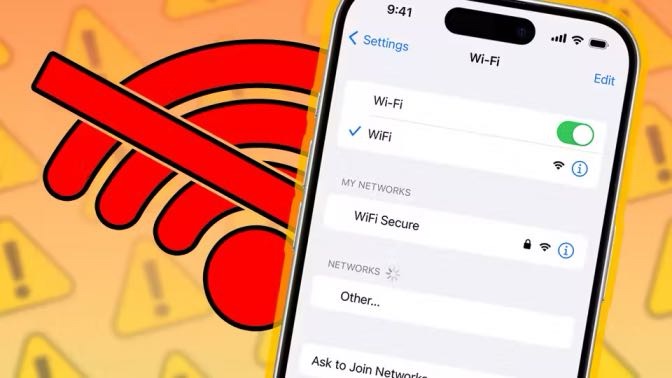 An iPhone displaying Wi-Fi settings, set against a patterned background with stop signs and a red Wi-Fi icon.