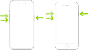 An illustration of two iPhone models, one with a Home button and one without, with the screens facing up. The volume buttons for each model are on the left side of iPhone, and the side button is on the right.  