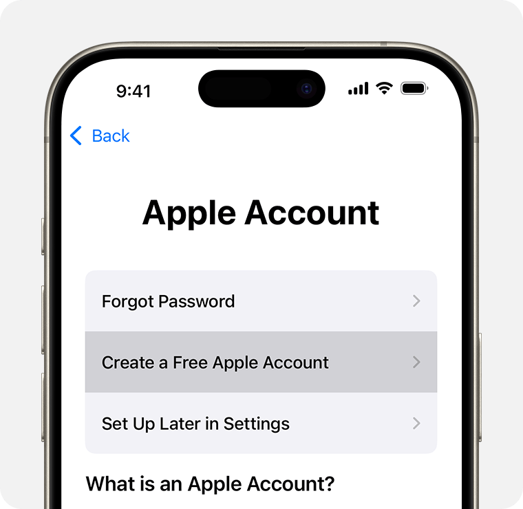 iPhone screen showing the option to select Create a Free Apple Account  