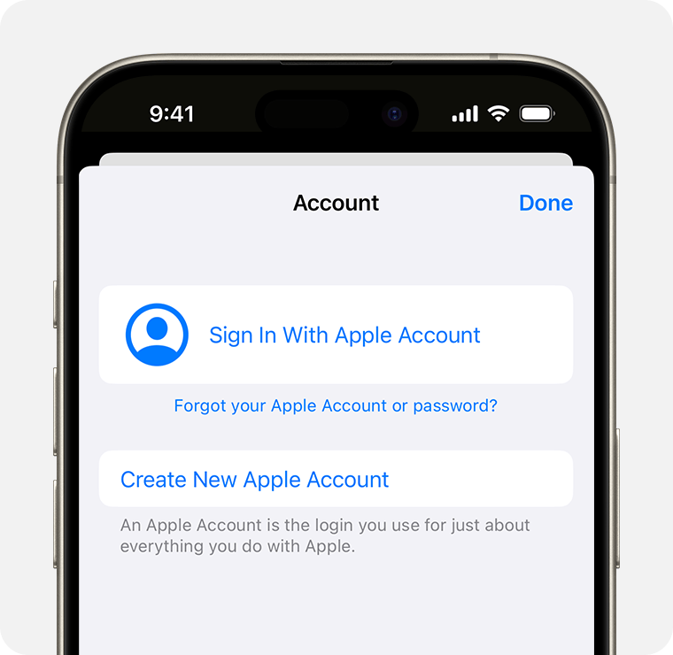 iPhone screen showing the option to Create New Apple Account  