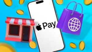 An iPhone with the Apple Pay logo and an illustration of a store on the left, and an online shopping bag on the right.  