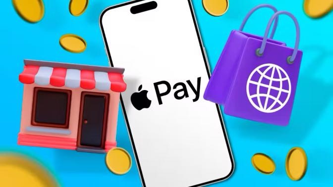 An iPhone with the Apple Pay logo and an illustration of a store on the left, and an online shopping bag on the right.  