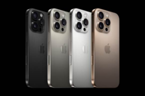 iPhone 16 Pro and iPhone 16 Pro Max in black titanium, natural titanium, white titanium, and desert titanium.