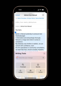 On iPhone 16 Pro, a user’s original email copy is shown being entered before the user asks Apple Intelligence-powered writing tools to make the copy more professional.