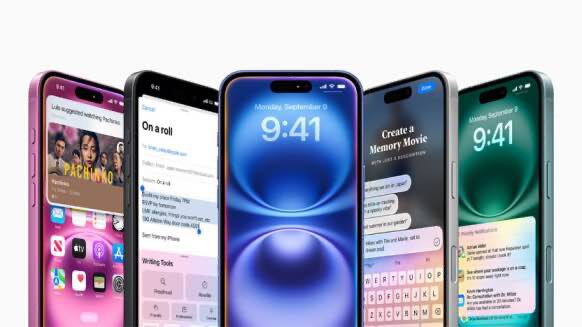 Five iPhone 16 devices are shown, featuring Apple Intelligence features such as Writing Tools, Siri, and Priority Notifications.