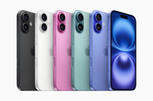 iPhone 16 devices are shown in black, white, pink, teal, and ultramarine.