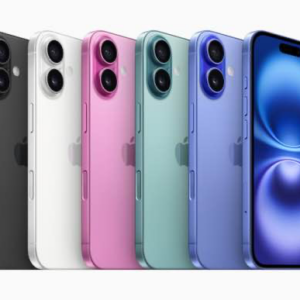 iPhone 16 devices are shown in black, white, pink, teal, and ultramarine.