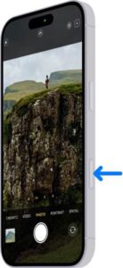 An arrow points to the location of the Camera Control on the side of iPhone.  