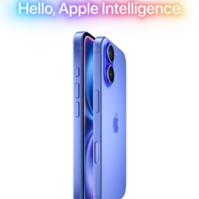 Two iPhone 16 models in Ultramarine, side exterior, side button, raised dual camera system.