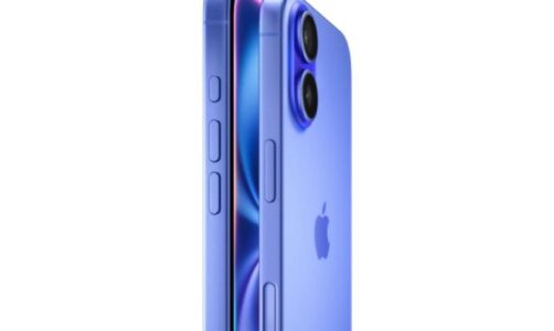 Two iPhone 16 models in Ultramarine, side exterior, side button, raised dual camera system.