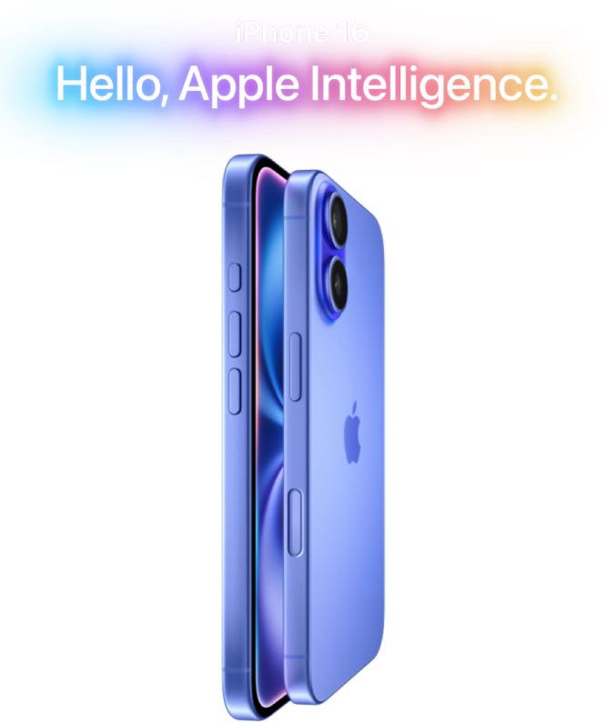 Two iPhone 16 models in Ultramarine, side exterior, side button, raised dual camera system.