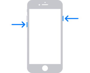 Illustrations of two different iPhone models with the screens facing up. The leftmost illustration shows the volume up and volume down buttons on the left side of the device and the side button on the right. The rightmost illustration shows the side button on the right of the device.  