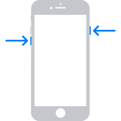 Illustrations of two different iPhone models with the screens facing up. The leftmost illustration shows the volume up and volume down buttons on the left side of the device and the side button on the right. The rightmost illustration shows the side button on the right of the device.  