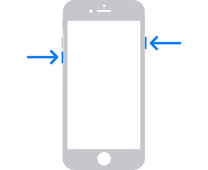 Illustrations of two different iPhone models with the screens facing up. The leftmost illustration shows the volume up and volume down buttons on the left side of the device and the side button on the right. The rightmost illustration shows the side button on the right of the device.  