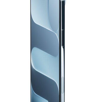 A thumb and forefinger holding iPhone Air, side exterior, Sky Blue color, thin profile, Fusion camera system, buttons: side, Camera Control